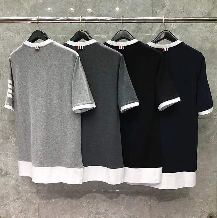

Fashion TB 2021 THOM Brand T-shirt O-neck Collar Patchwork Short-sleeved T-shirt Men Women Cotton Striped Couple Summer Clothing