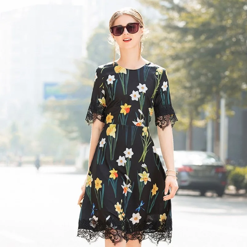 sleeve summer Short dress 2021 new High quality spring Print flowers Dress A Line work Women Clothing Sweet Lace Party dresses