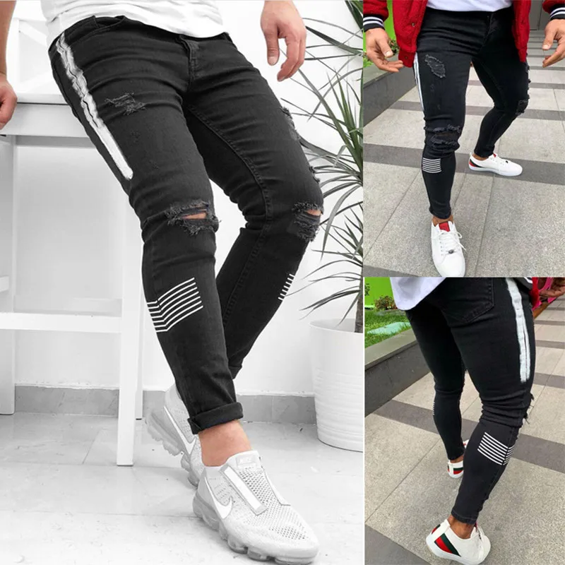 

Men's Hole Jeans 2020 Mens Trousers Fleece Stretch Fashion Patchwork Pencil Pants Black Blue European Big Size