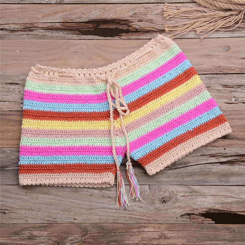 

Fors Crochet tassel swimsuit female Boho bikinis mujer High waist pants bottom swimwear women Bandeau hollow out bathing suit