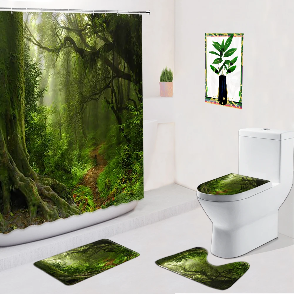 

Mysterious Forest Shower Curtains Tropical Nature Scenery Home Bathroom Decor Non-Slip Carpet Bath Mat Door Pad Toilet Cover Set