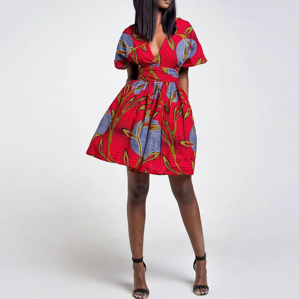 Элегантное короткое пляжное платье с v образным вырезом и принтом для женщин