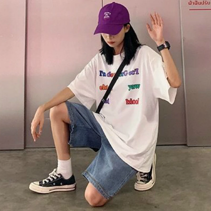 

Shorts Womens Summer Denim High Waist Solid Knee Length Straight Wide Leg Students Bf Streetwear Loose Chic Female All-match New
