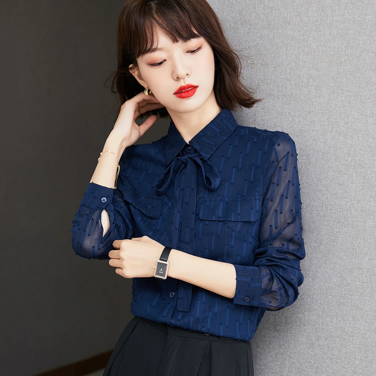 

Chiffon Women's Blouse Lace Polo Girl's Shirt Casual Clothing Splicing Long Sleeve Top Loose Spring Autumn Lady Blusas Houthion