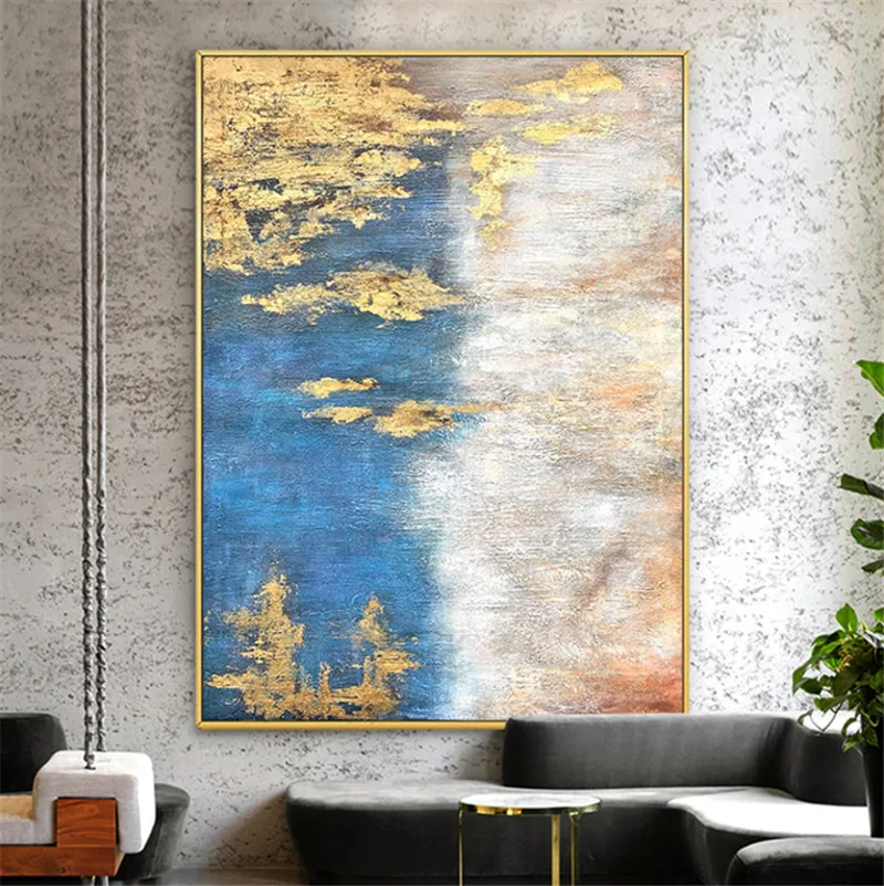 Чистая ручная роспись высокого качества абстрактная светло-голубая и Золотая