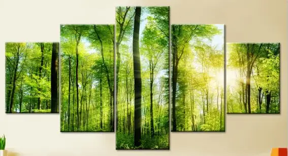 

Green Leaves Forest Tree Home Decoration Painting Sunlight Through Trees Living Room Wall Canvas Poster Bedroom Five-Pieces Set