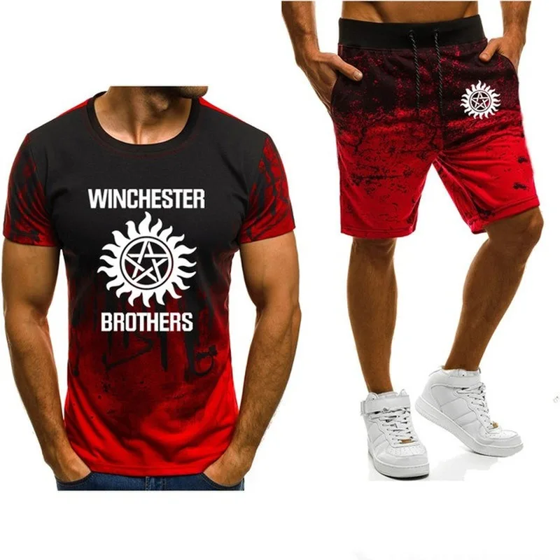 

Men's short sleeve Supernatural Men Winchester Bros Printed ashion Casual Gradient High Quality Men's T-Shirt Pants Suit 2Pcs C