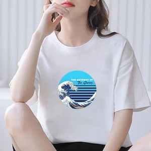 Summer Fashion Shirt Circular Landscape Graphic T Shirt White Tees 90s Fashion Kawaii Women Tops Base O-neck Top Tees Female