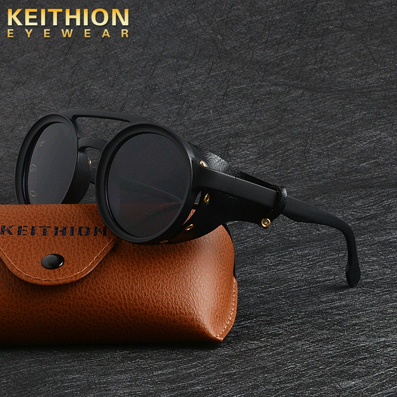 

KEITHION Men Steampunk Goggles Sunglasses Women Retro Shades Fashion Leather With Side Shields Style Round Sun Glasses UV400