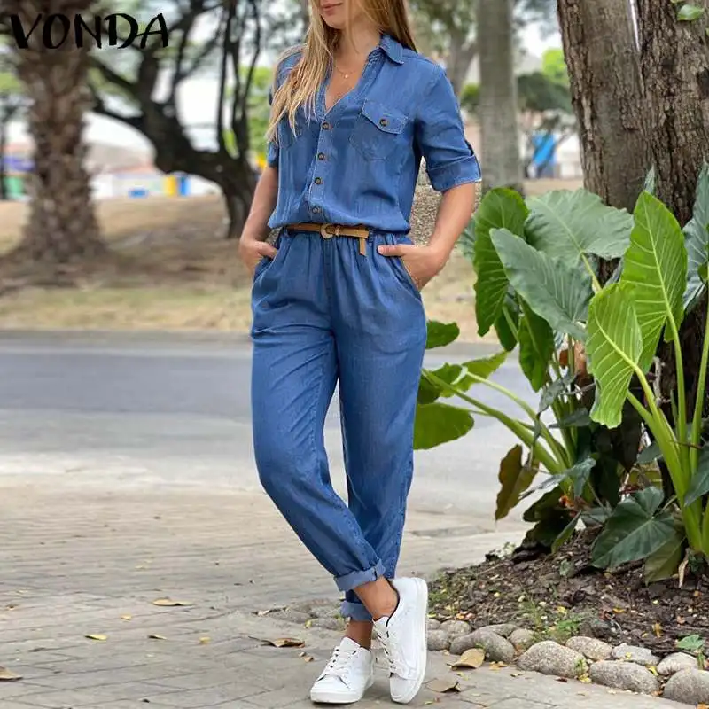 

Autumn Playsuits VONDA Women Solid Pencil Pants Loose Pantalon Ladies Long Sleeve Lapel Collar Denim Jumpsuit With Pockets