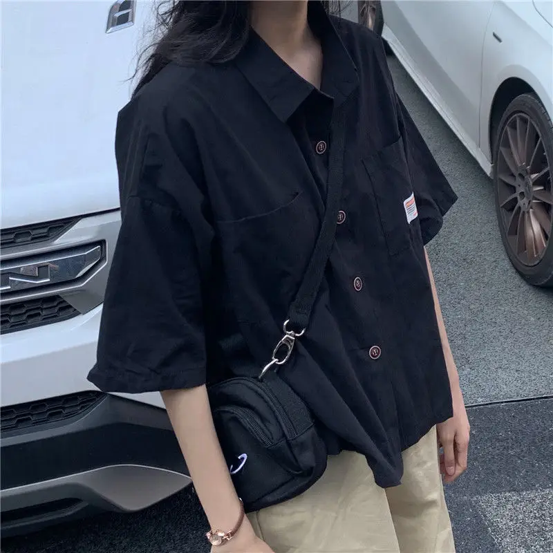 

Blouses Womens Summer Oversize Bf Single Breasted Cargo Patched Pockets Solid Retro Loose Trendy Ulzzang Harajuku Preppy Hot New