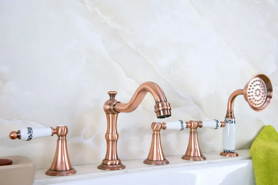 

Antique Red Copper Brass Widespread Three Handles Deck Mounted 5 Holes Bathroom Tub Faucet Mixer Tap With Handshower mtf214