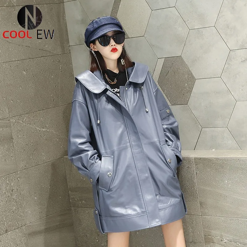 

Designer Women Loose Fit Hoody Midi Long Jacket Harajuku Hip Hop Loose Outwear Trench Coat Windbreaker Genuine Leather Jacket