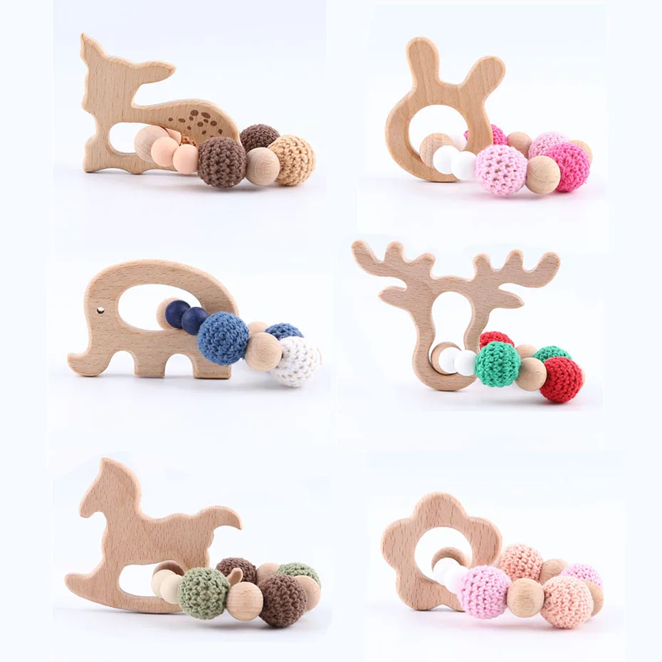 

1pc Wood Teether Bracelet Food Grade Beech Animal Wooden Sika Deer Crochet Beads DIY Jewelry Teething Accessories Toy