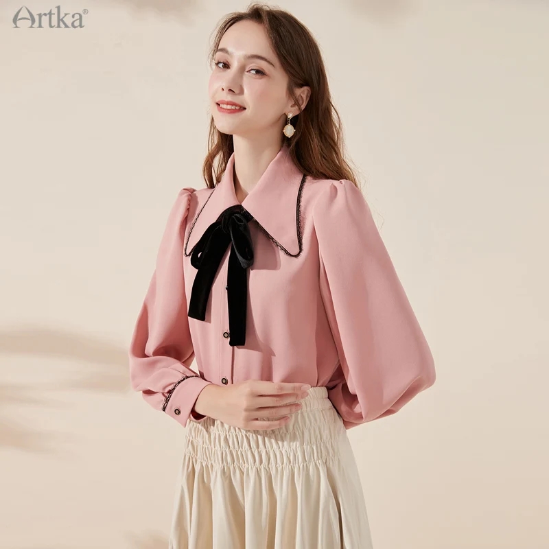 

ARTKA 2022 Spring New Women Blouse Fashion Elegant Puff Sleeve Chiffon Shirts Sweet Velvet Bow Turndown Collar Shirt SA20110D