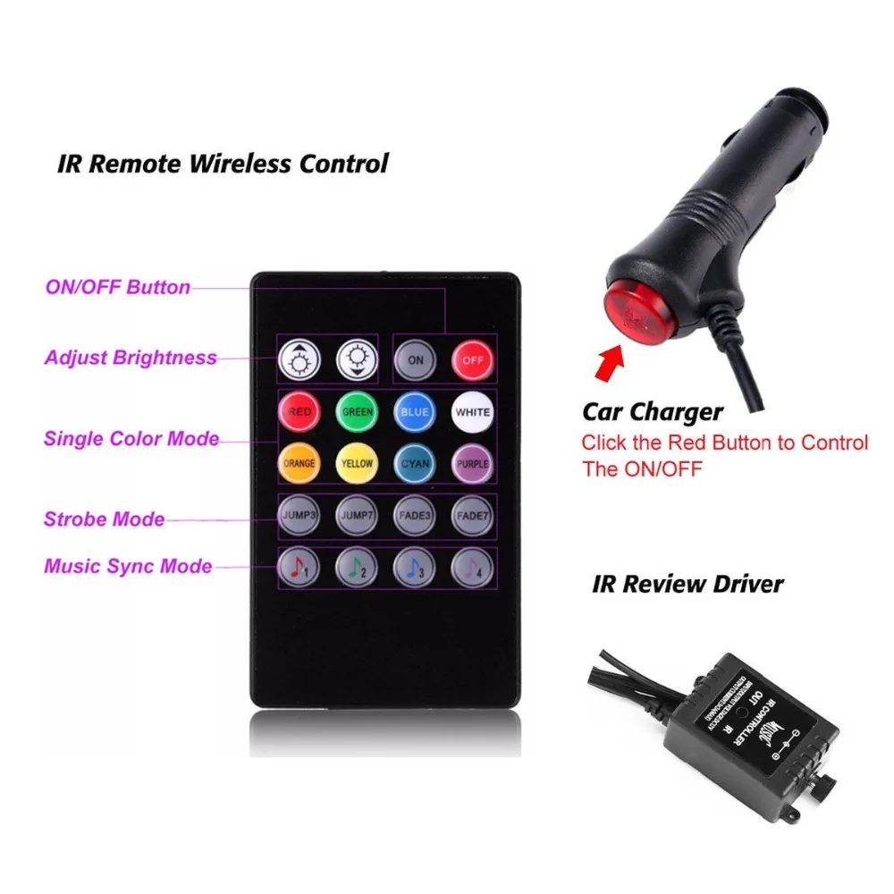 72 LEDs Car Interior Light Atmosphere Lights Strip Waterproof Glow Neon Lighting Kit with Wireless Remote Sound Activated | Лампы и