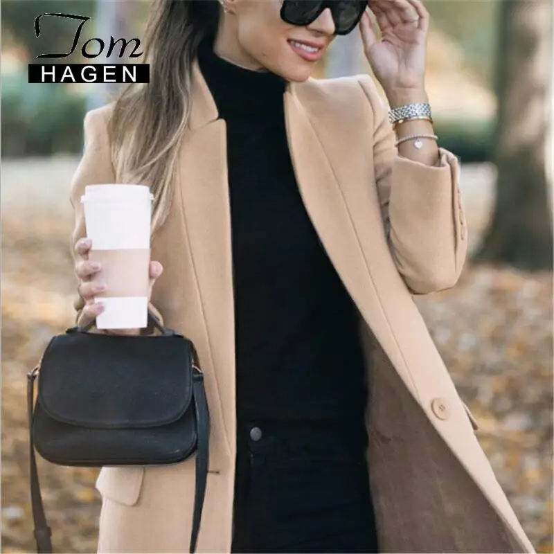 Женское длинное шерстяное пальто Tom Hagen теплая винтажная накидка цвета хаки в