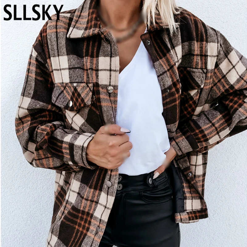 

SLLSKY Plaid Women Shirt 2020 Autumn Loose Long Sleeve Single Breasted Pocket Female Top New Fashion Retro Casual Lady Chemise