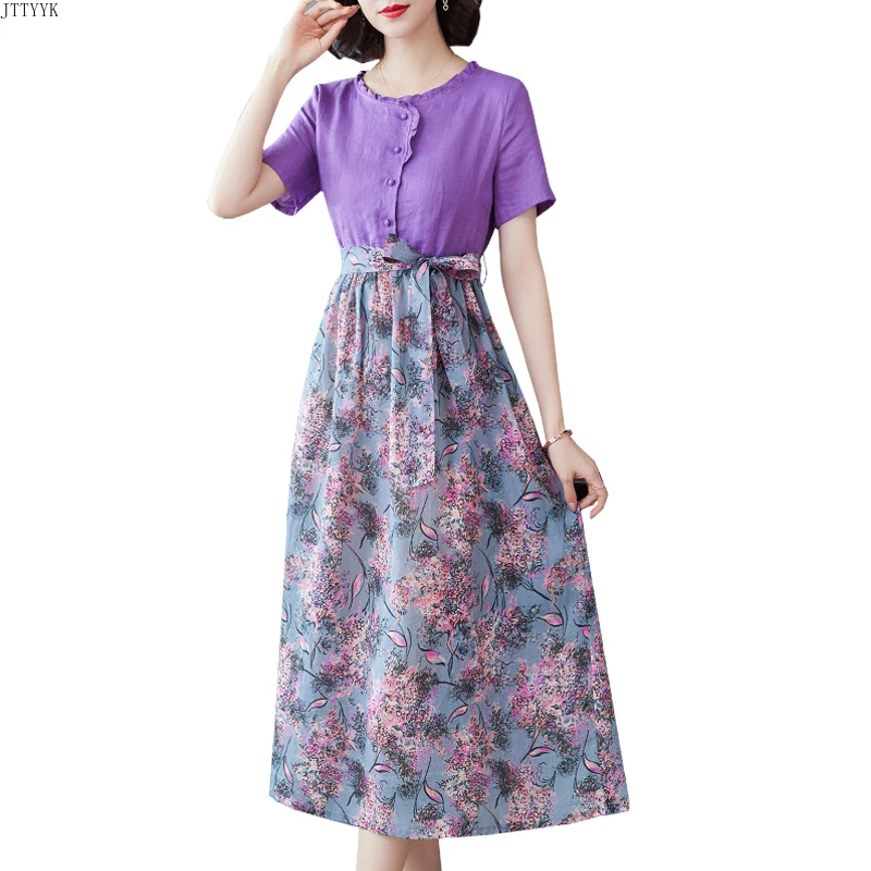 

Plus Size Short Sleeve Dress Floral Cotton and Linen Midi Dress Summer Sundress 2021 Vintage Women Party Dresses Elegant Vestido