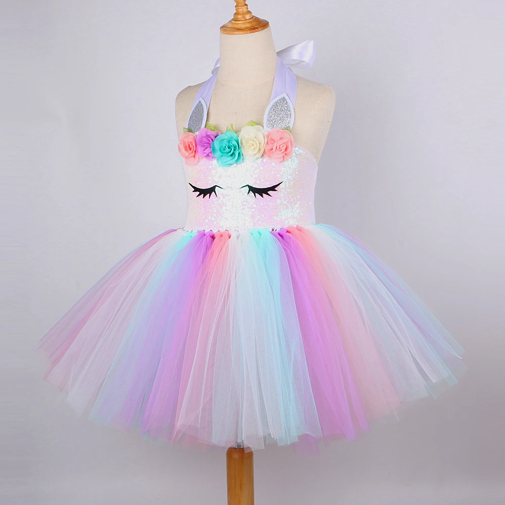 Платье с цветочным узором для девочек Единорог пастельных платье принцессы