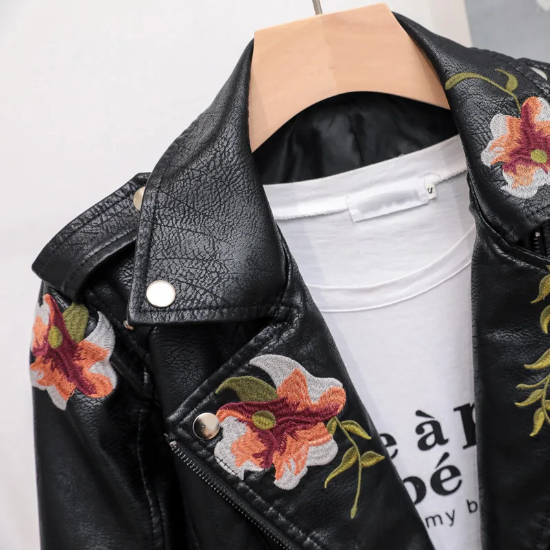 omen Floral Print Embroidery Faux Soft Leather Jacket Coat Turn-down Collar Casual Pu Motorcycle Black Punk Outerwear