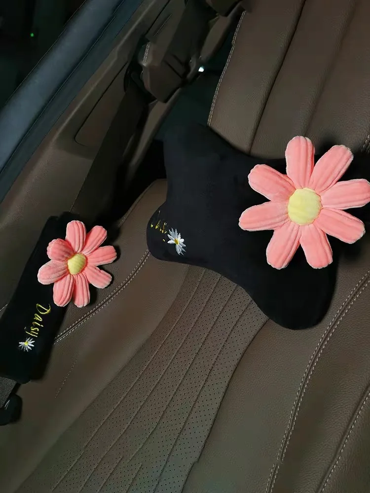 

Cartoon sunflower daisy chrysanthemum plush car vehicle neck pillow waist cushion seat belts set stuffed toy lady birthday gift