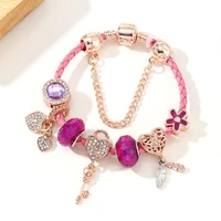 yexcodes fine girl bracelet wedding party gift two tone charm pink braided leather ladies bracelet with rose gold beads