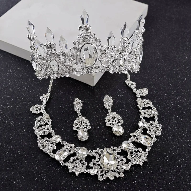 

Luxury Big Rhinestone Bridal Jewelry Sets Silver Plated Crystal Crown Tiaras Necklace Earrings Set For Bride Hair Accessories
