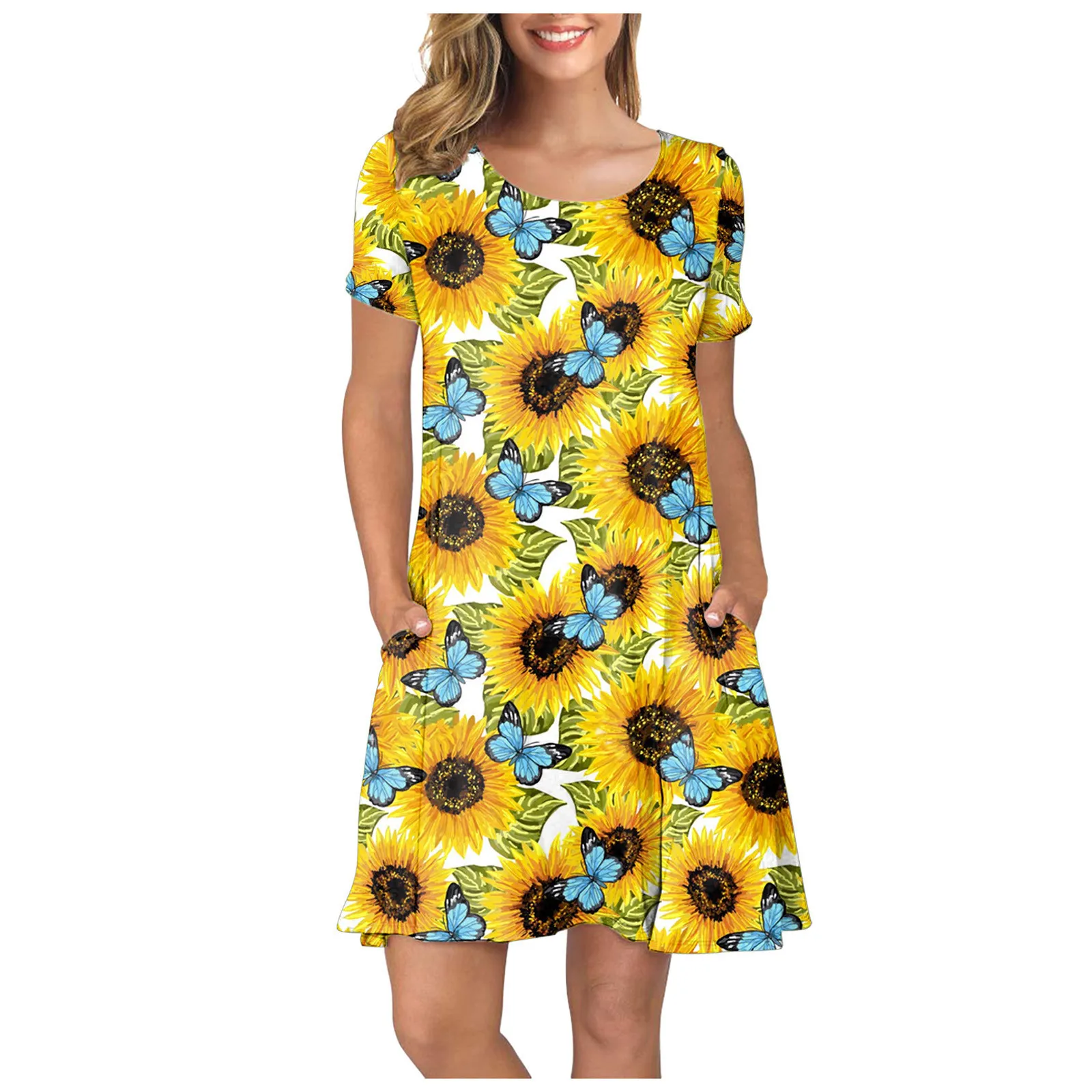 

Ishowtienda Vintage Dress Women's Summer Casual Sleeve Print Short Sleeve O-neck Short Party Dress Floral Dress