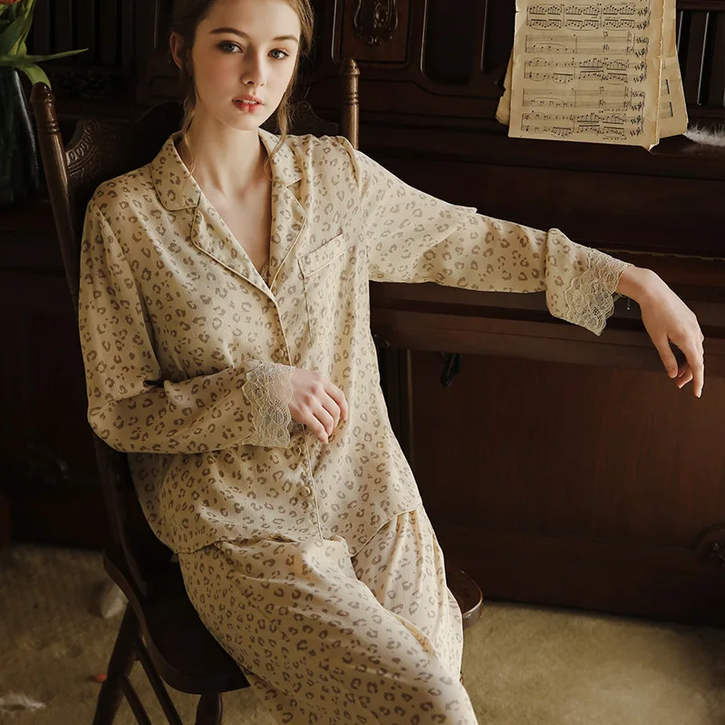 2020 New Spring Sexy Leopard V-neck Women's Pajamas Set Home Clothes Lace Homewear Full Sleeves Pyjama Femme Night Suit | Женская
