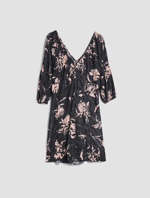 

Women Dress 2021 Early Autumn New Double-sided V-neck Pleated Full-body Print Three-quarter Sleeves Open Back Dress