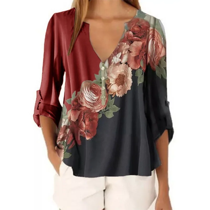

Women V-neck Floral Printed Shirt Top Chiffon Casual Half Button Irregular Chiffon Woman Blouse Women's Plus Size Street Clothes