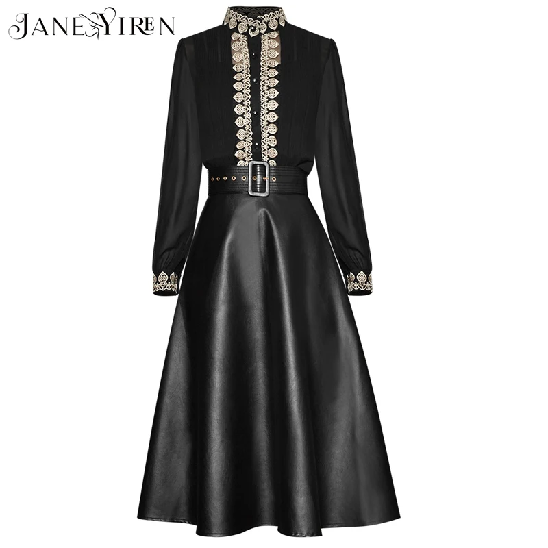 Janeyiren Fashion Designer Set Spring Women's Stand collar Long sleeve Embroidery Ruched Blouses Tops+Pu Skirt Two-piece set