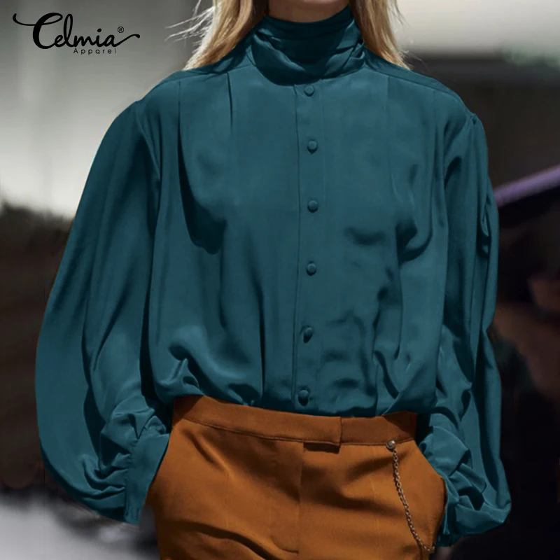 

2021 элегантные атласные блузки Celmia, осенние женские рубашки с длинным рукавом-фонариком, повседневные офисные Блузы с бантом, топы с декорат...