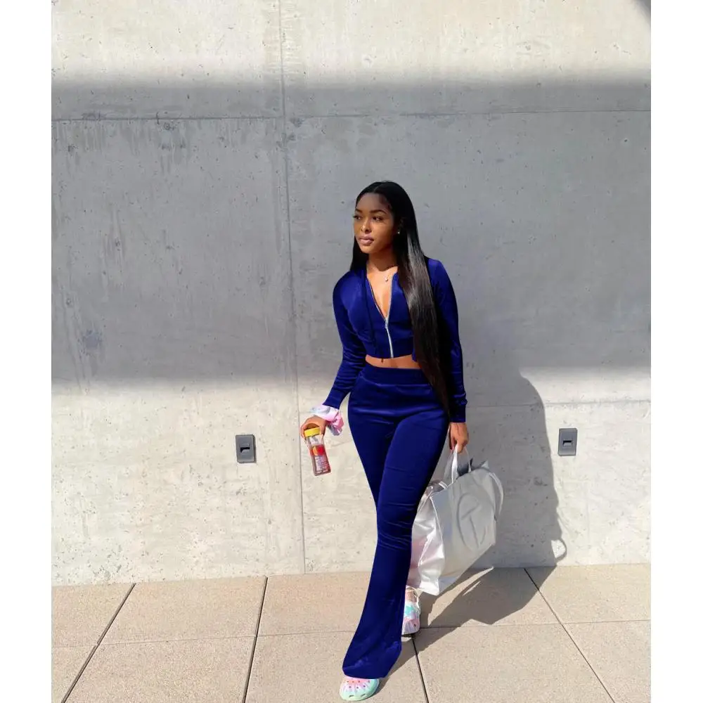 

Female Workout Tracksuit 2 Piece Set Korean Velvet Full Sleeve Hooded Zip Up Crop Top and Wide Leg Sweatpants Autumn Activewear