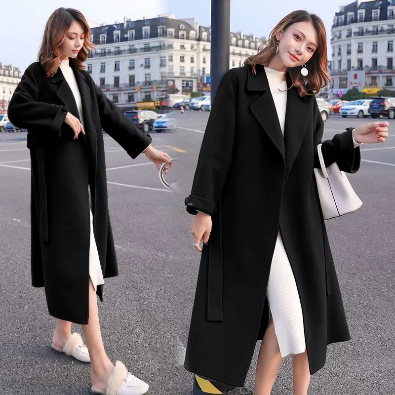 Женское шерстяное пальто с поясом длинная куртка-ветровка большого размера