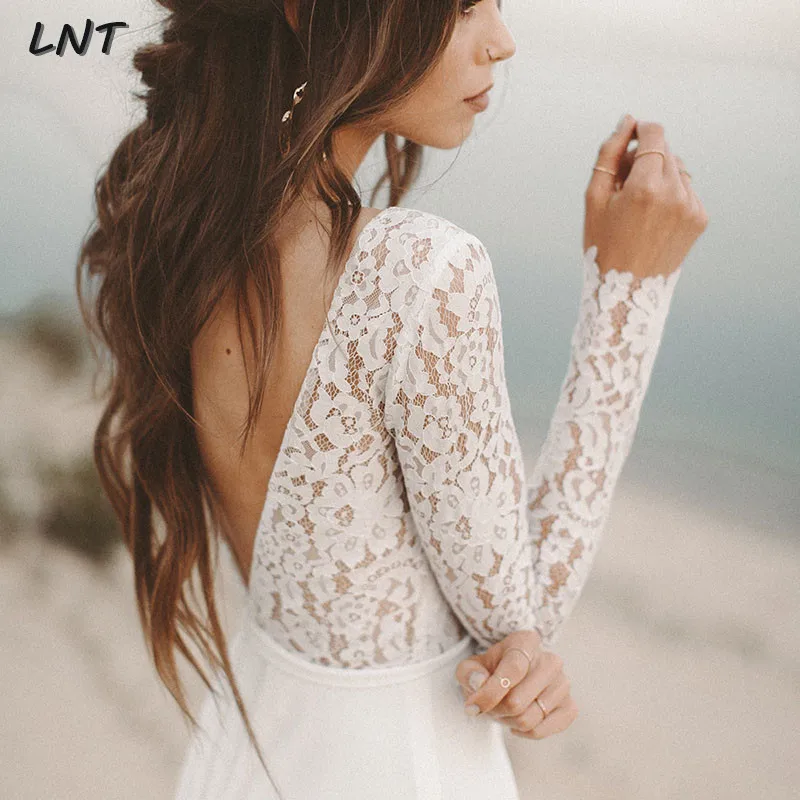 Пляжное свадебное платье с длинным рукавом в стиле бохо V-образным вырезом и