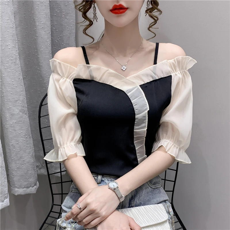 

Fashion Trend Sweet Sexy Off Shoulder Chiffon Blouses Summer Women's Spaghetti Strap Short Shirts Puff Sleeve Ruffles Crop Top