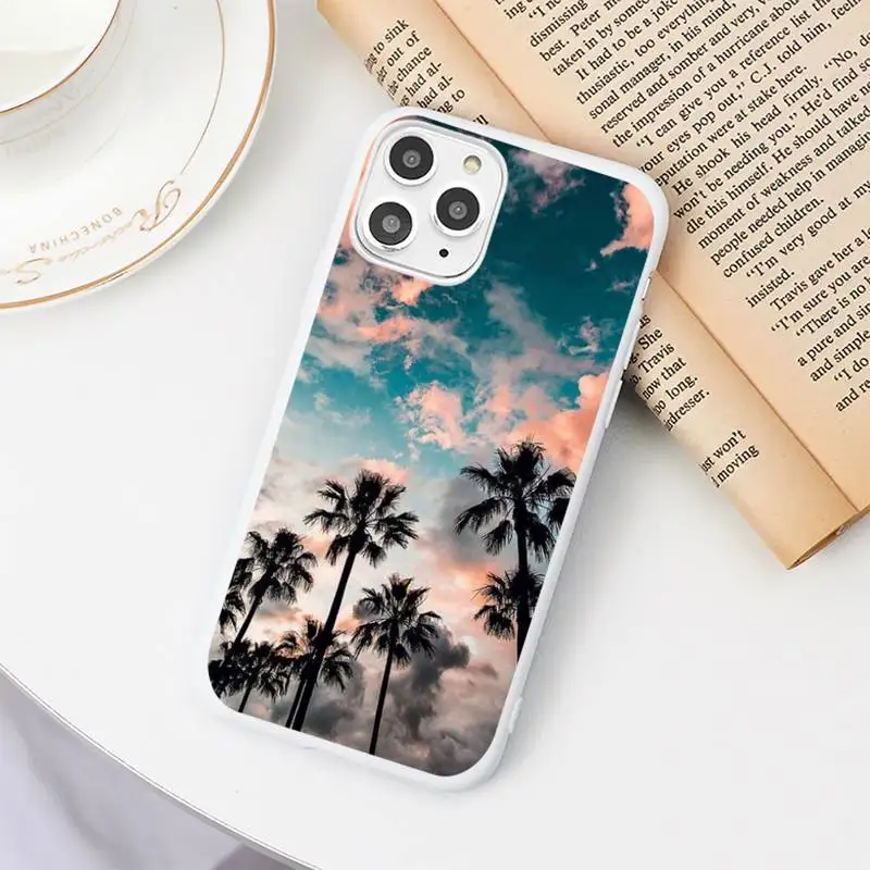 

Scene at Sunset on sea Palm Tree Phone Case Candy Color White for iPhone 11 pro XS MAX 8 7 6 6S Plus X 5S SE 2020 XR