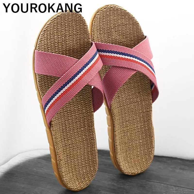 Женские льняные тапочки домашние шлепанцы легкая обувь для пар Нескользящие