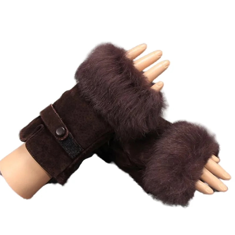 

Зимние женские перчатки без пальцев, толстые бархатные теплые зимние перчатки из натурального кроличьего меха, кожаные перчатки из свиной кожи