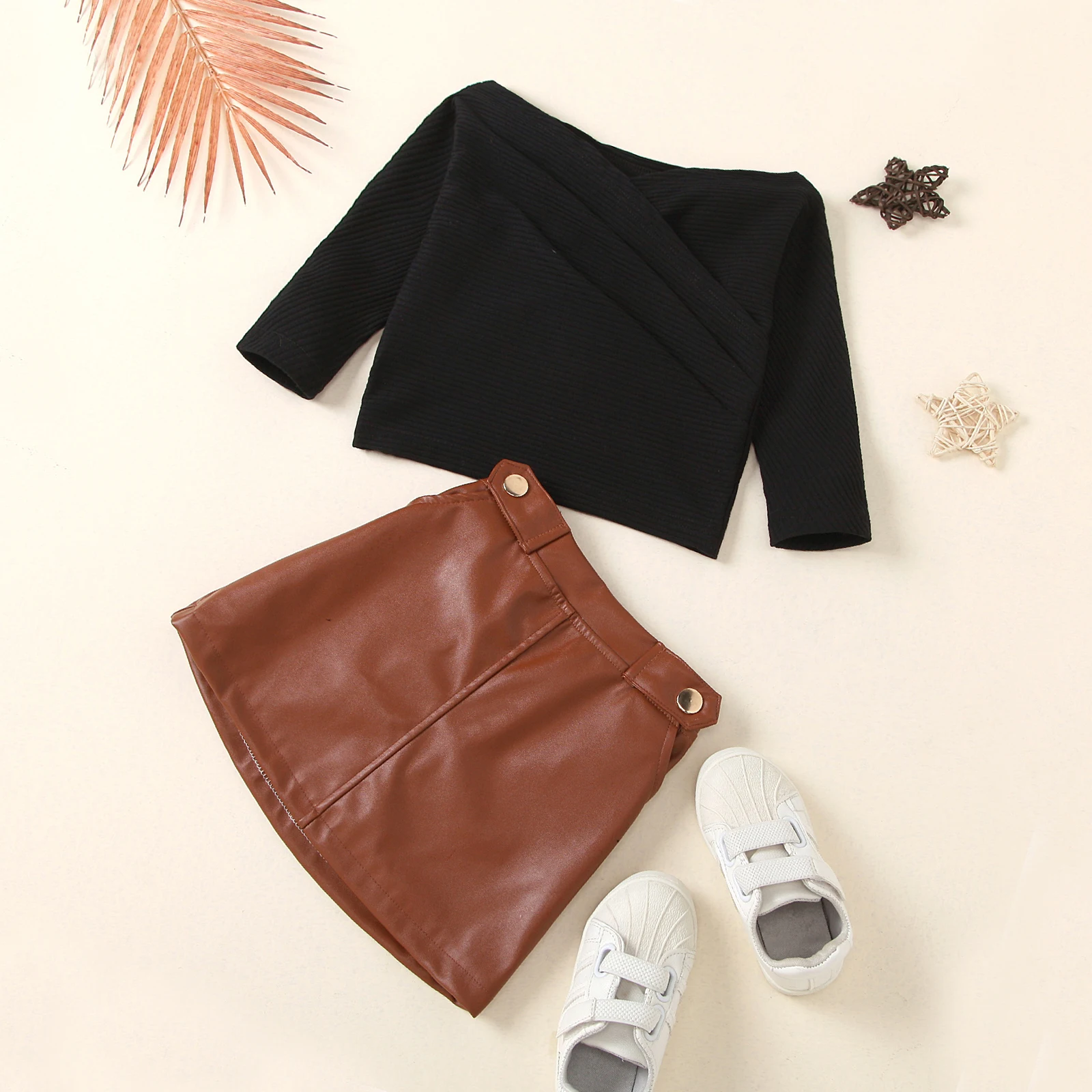 

2021 New Hot Fashion Toddler Kid Girls 2Pcs Outfits, Off Shoulder Long Sleeve Knit Tops + Brown Leather Skirt Clothes Set