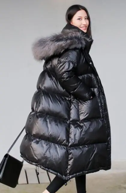 black coat gray fur Настоящий натуральный мех, новинка, зимняя куртка для женщин, свободный пуховик на утином пуху, Женская длинная пуховая парка, толстое пальто с капюшоном, пальто размера плюс - Цвет: black coat gray fur