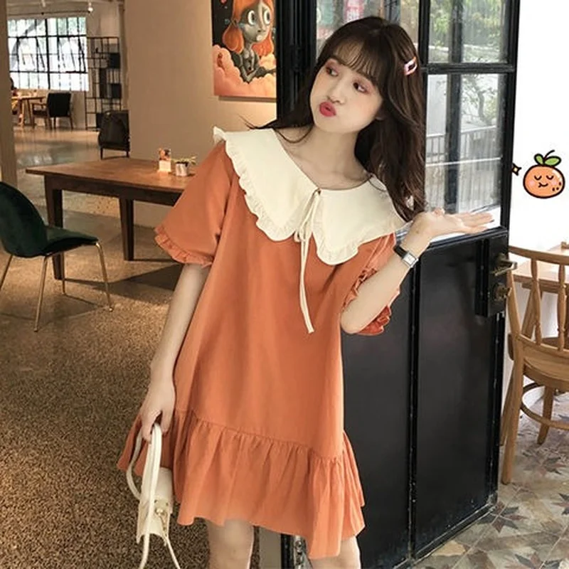 

QWEEK Summer Kawaii Peter Pan Collar Ruffle Mini Dress Woman Soft Girl Short Sleeve Loose Patchwork Sundresses for Women 2021
