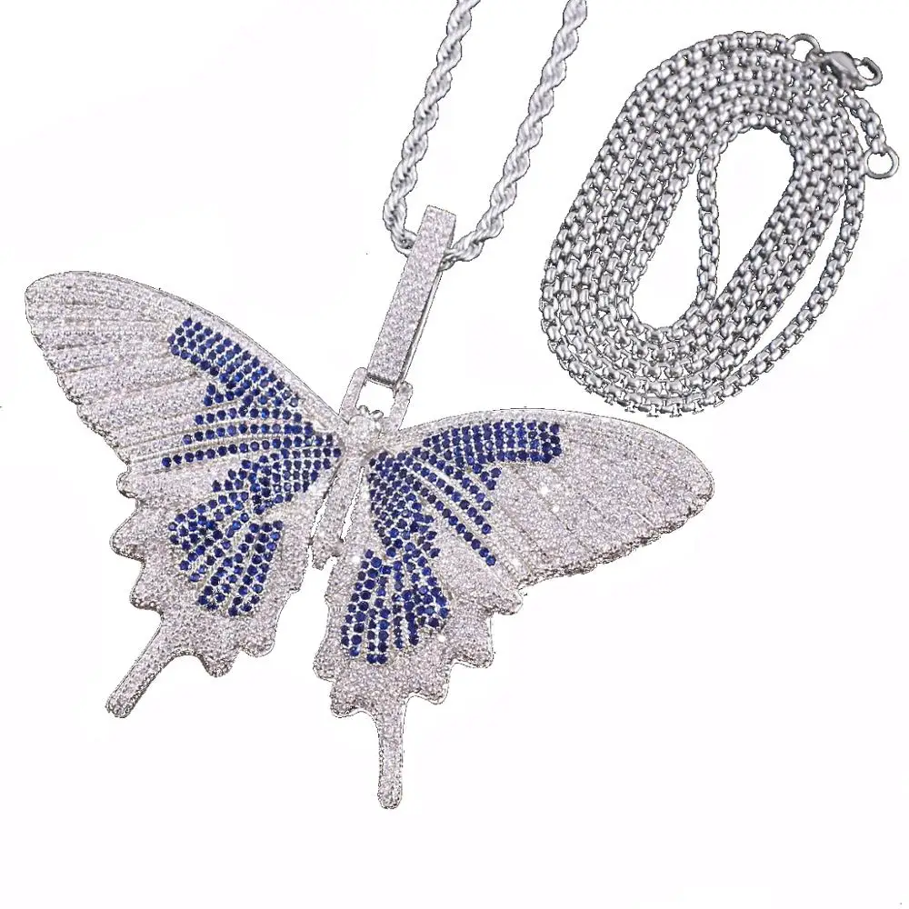 silver clear blue cz Iced Out большая Серебряная Бабочка Шарм Подвески микро проложить кубический циркон для мужчин из нержавеющей стали Веревка ожерелье хип-хоп рэпер wo мужчин - Окраска металла: silver clear blue cz