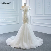 alonlivn gorgeous symmetrical lace mermaid wedding dress with delicate pearls off the shoulder bride dress