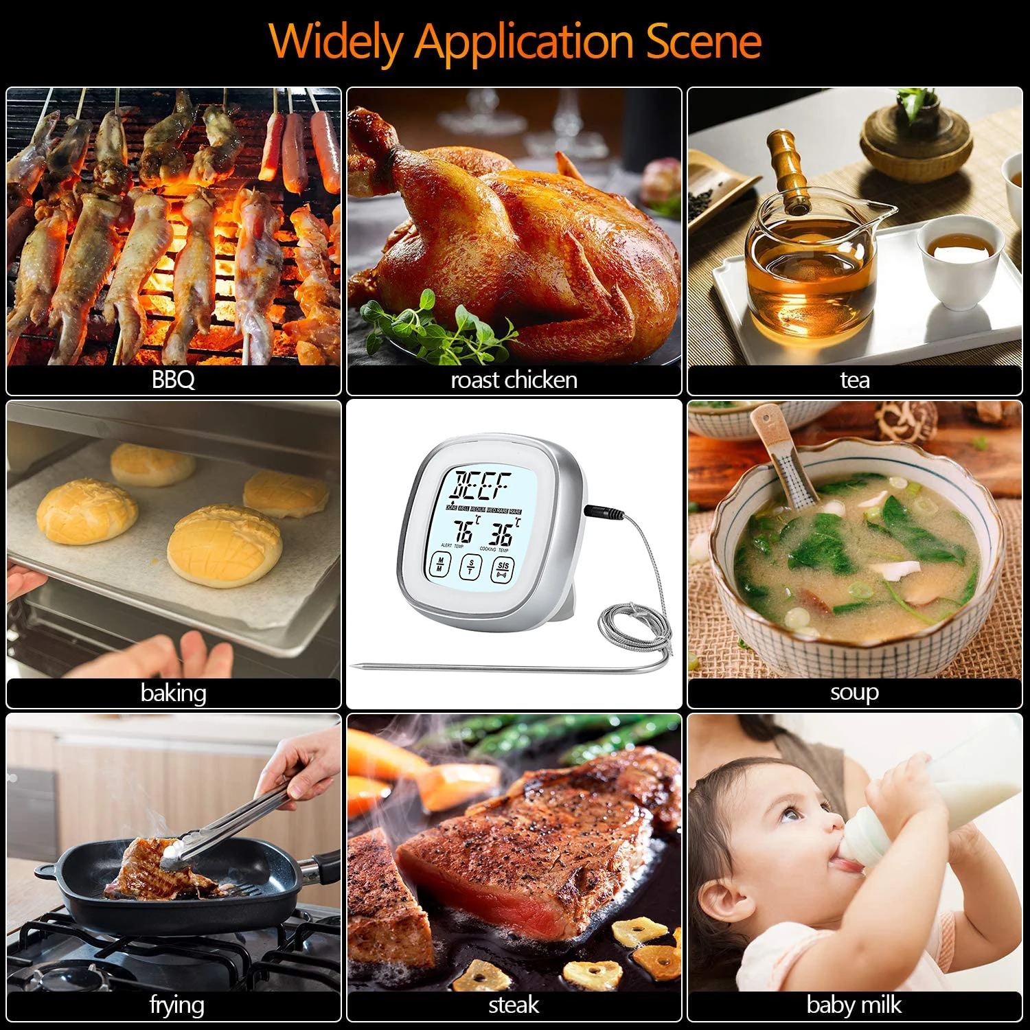 

Digital Meat Thermometer for Oven BBQ Grill Kitchen Food Smoker Cooking Backlight Touchscree with Timer Alarm A Waterproof Probe
