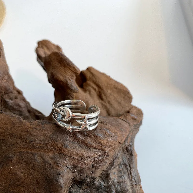 

QMCOCO 925 Sterling Silver Multi-Layered Star Moon Rings Female Exquisite Unique Design Handmade Jewelry Accessories