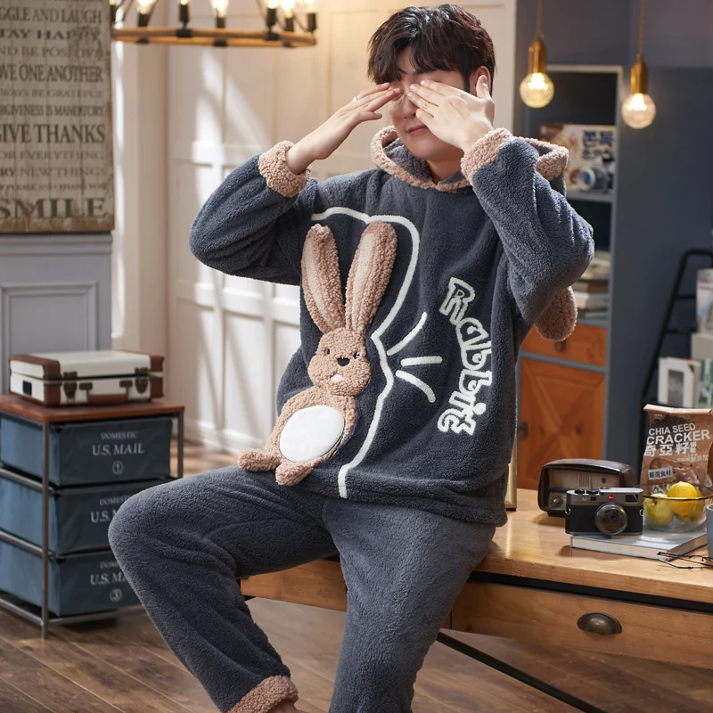 Теплая Милая флисовая Пижама для мужчин плотные плюшевые пижамные комплекты