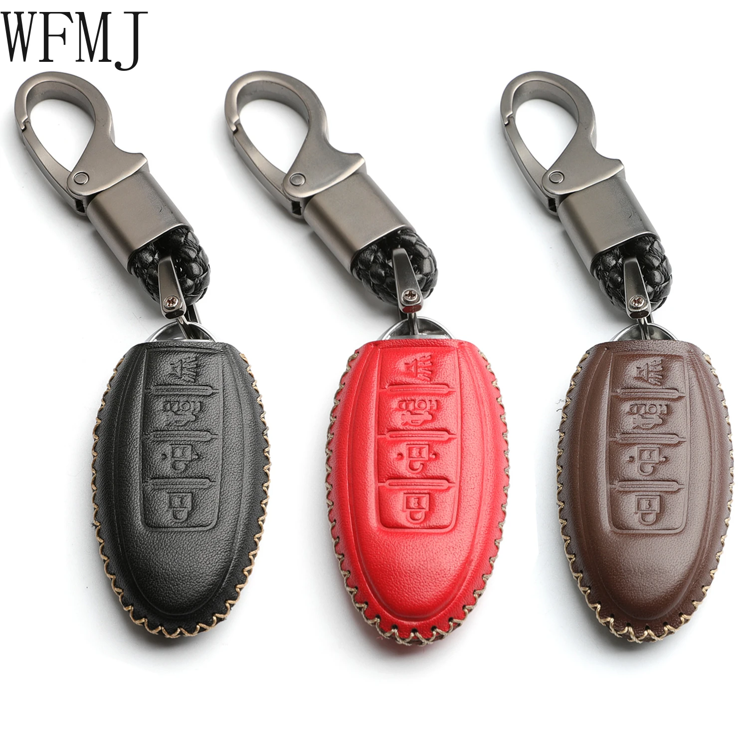 

WFMJ Leather for Infiniti EX35 FX35 FX45 G35 I35 Q45 QX56 Nissan Altima Maxima Armada Sentra 4 Buttons Key Fob Case Cover Chain